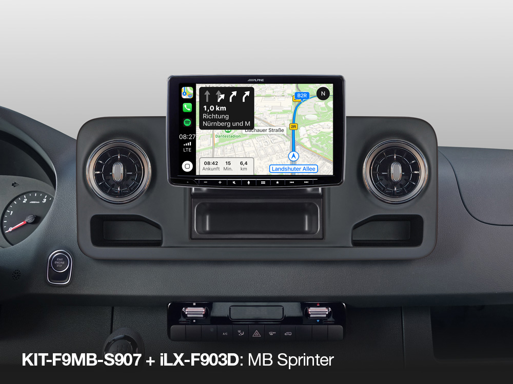 iLX F903D with KIT F9MB S907 Mercedes Benz Sprinter Apple CarPlay Map Asennussarja, jolla Alpine iLX-F903D tai INE-F904D saadaan asennettua MB Sprinteriin (vm. 2018-> ) Autoihin, joissa tehdasasenteisena 1-DIN radio