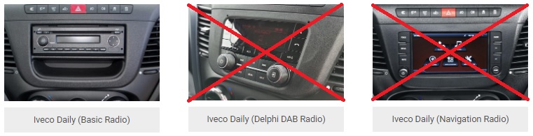 ah kit iveco01 1-DIN / 2-DIN asennussarja Iveco Daily 2016-> 1-DIN / 2-DIN asennuskitti Iveco Daily III 2016-> Käy 1-DIN ja 2-DIN asennukseen Autoihin, joissa Delphi DAB Radio Soveltuu myös Alpine Halo9 / Halo11 asennukseen Ei autoihin, joissa 1-DIN Basic Radio tai Navigation Radio Soveltuu myös Alpine Halo9 / Halo11 asennukseen